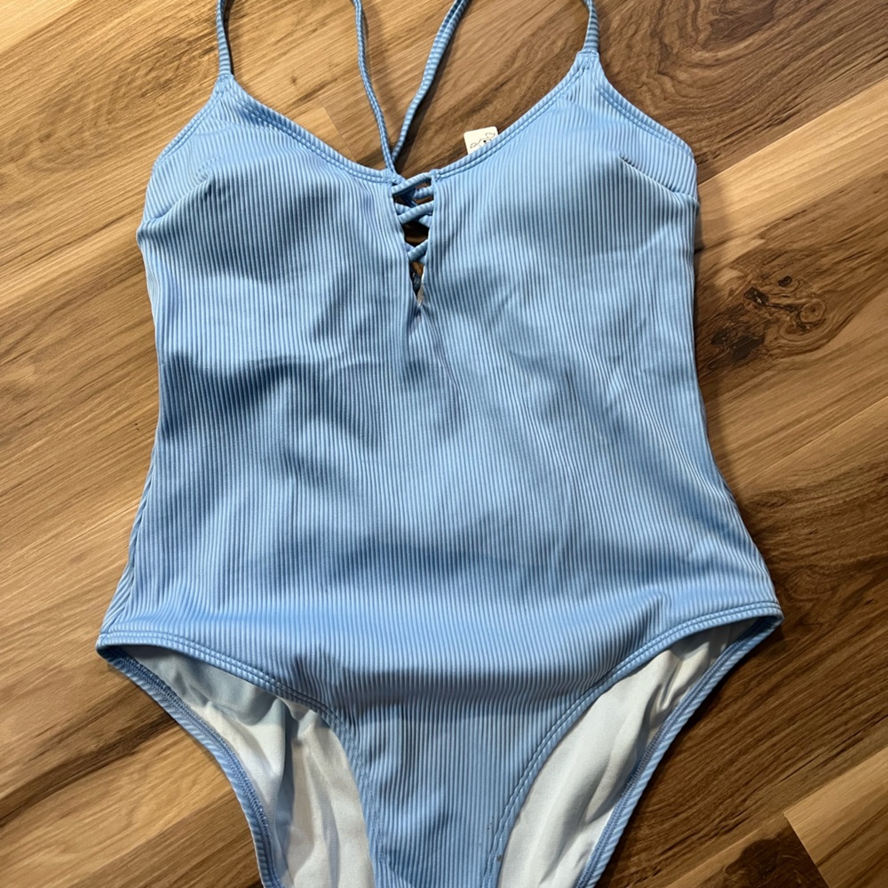 Light Blue Ribbed One-Piece Swimsuit